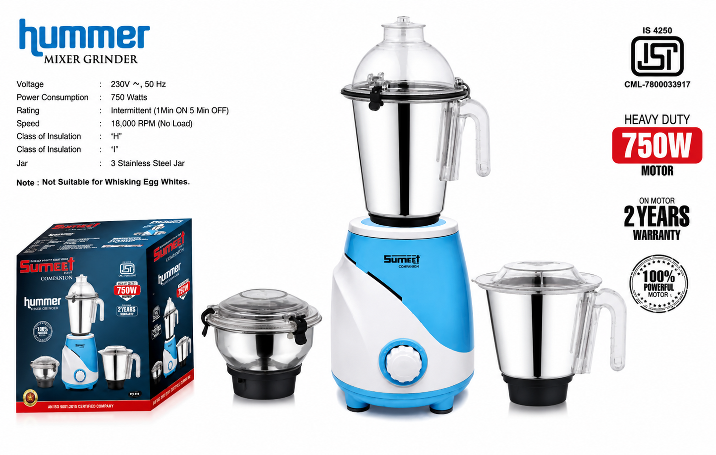 Hummer Mixer Grinder 750 Watts | 3 Stainless Steel Jars | 100% Copper Motor | Heavy Duty Kitchen Mixer Grinder | Grind, Blend & Chutney Maker | 2 Years Motor Warranty