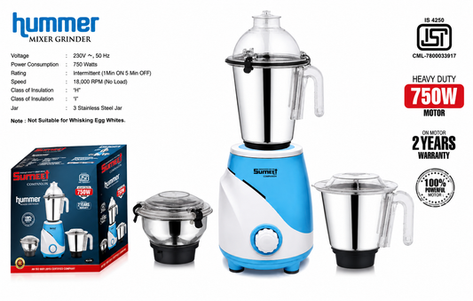 Hummer Mixer Grinder 750 Watts | 3 Stainless Steel Jars | 100% Copper Motor | Heavy Duty Kitchen Mixer Grinder | Grind, Blend & Chutney Maker | 2 Years Motor Warranty