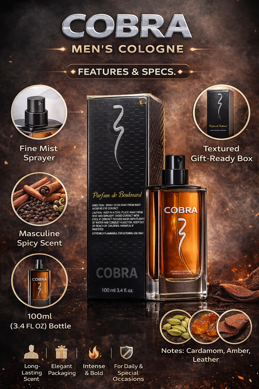 Cobra Men’s Cologne Perfume 100ml (3.4 Fl Oz) | Long Lasting Fragrance for Men | Spicy Woody Scent with Cardamom, Amber & Leathe
