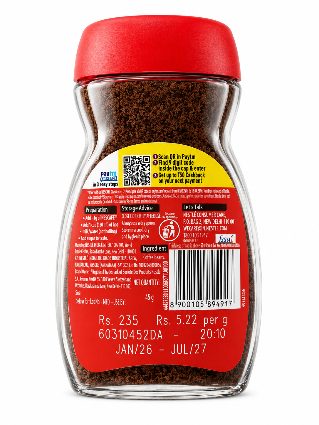 Nescafé Classic Instant Coffee, 100% Pure Coffee, Rich Aroma & Bold Taste, Easy-to-Prepare Soluble Coffee Powder, 45 g