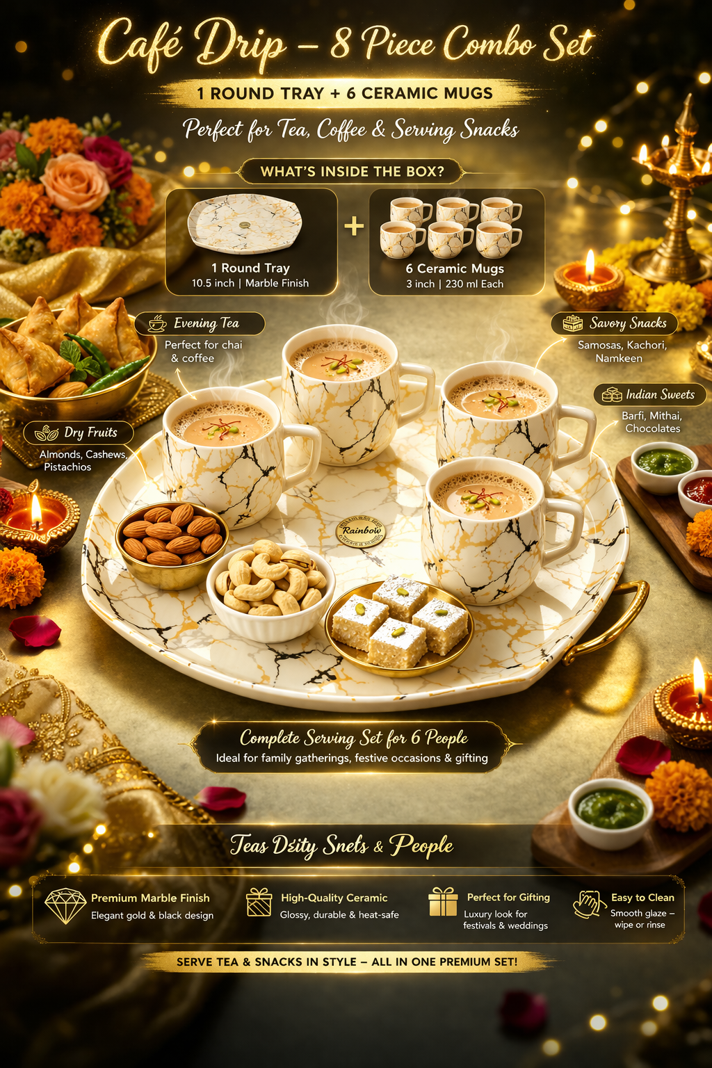 Premium Marble Finish Tea Cup Set with Tray (7 Pieces) – 6 Ceramic Coffee Mugs (230 ml) + 10.5 Inch Serving Tray