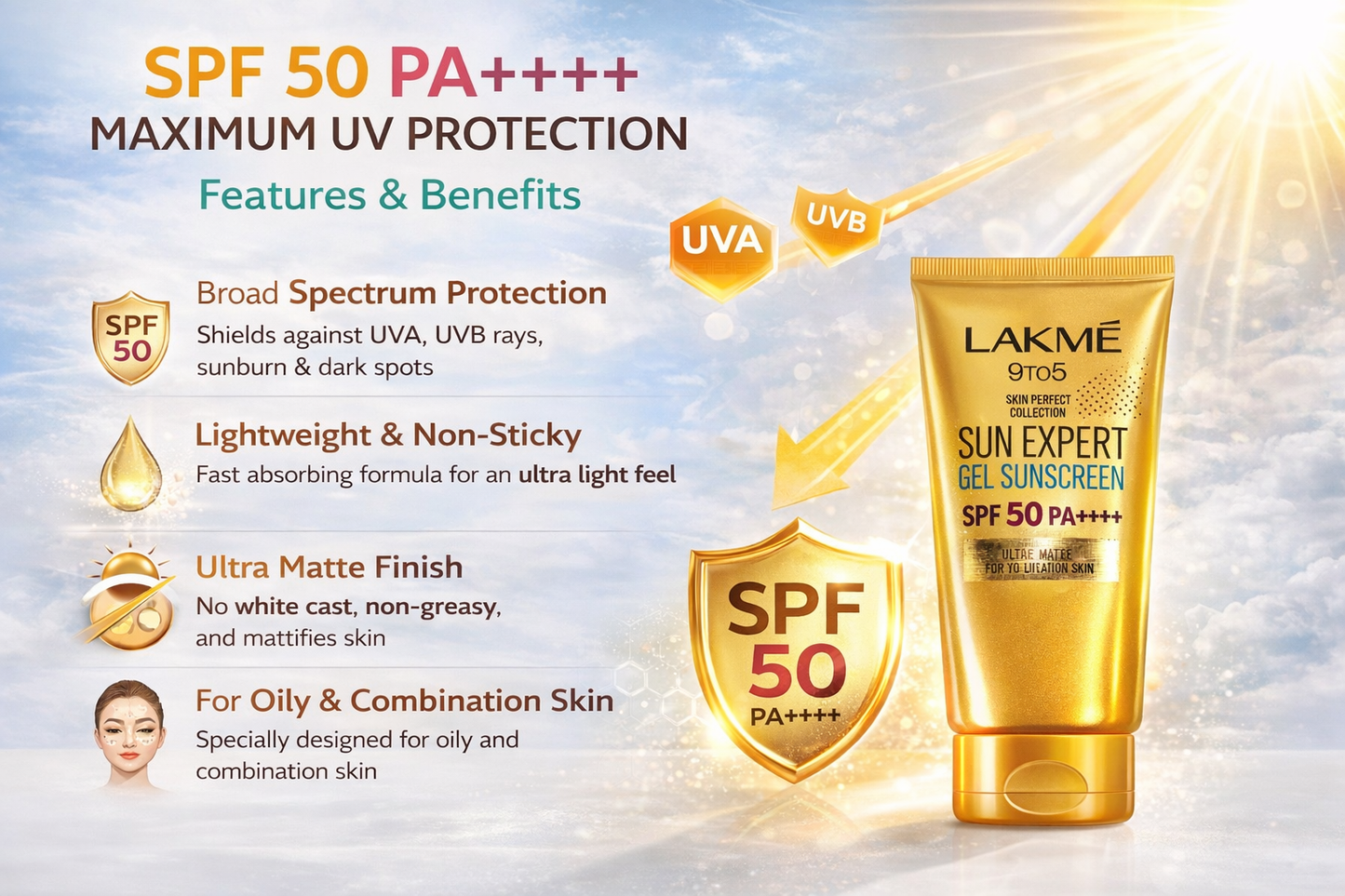 Lakmé Sun Expert Gel Sunscreen SPF 50 PA++++ | Broad Spectrum UVA UVB Protection | Ultra Matte Lightweight Sunscreen for Oily Skin