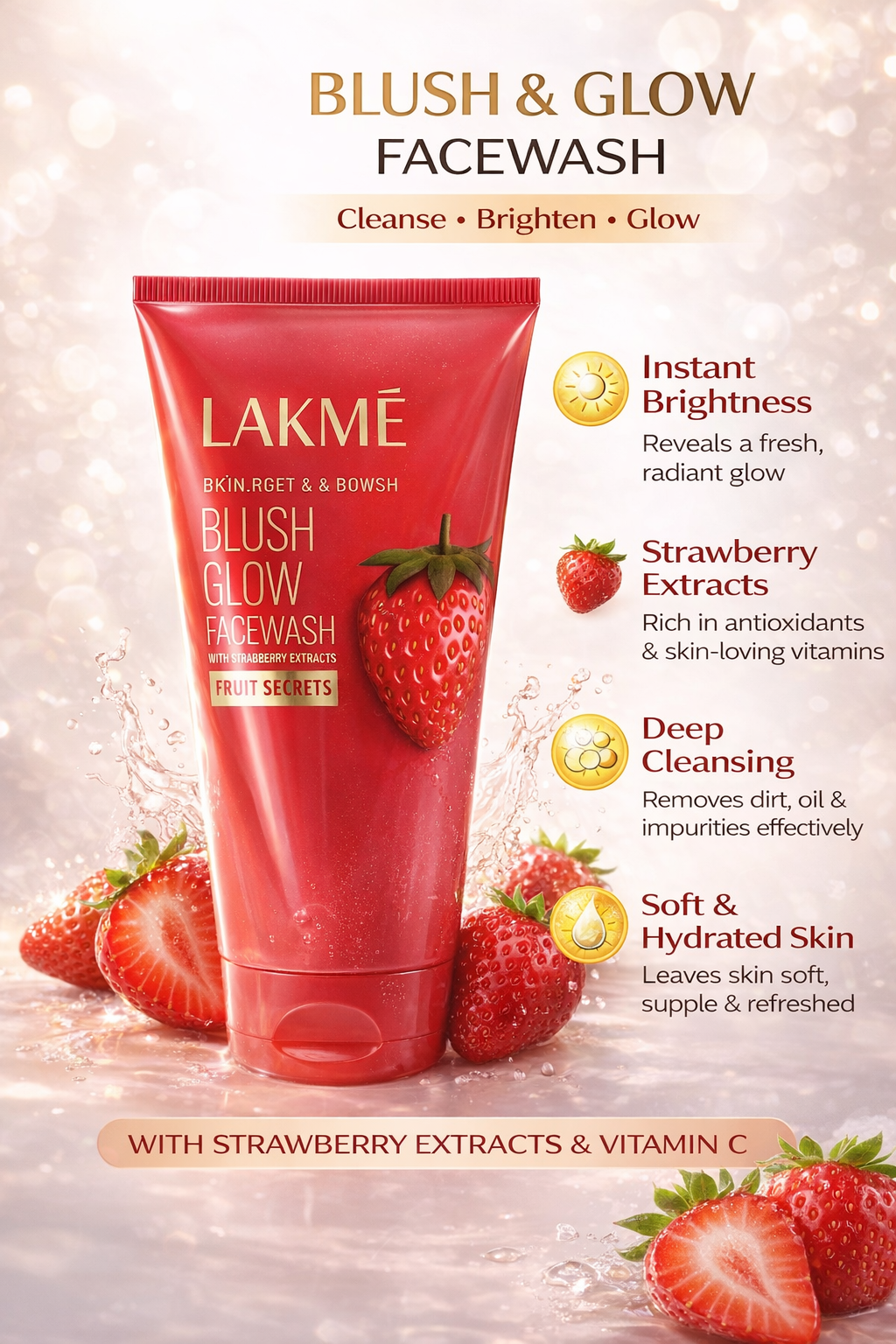 Lakmé Blush & Glow Strawberry Face Wash with Vitamin C | Fruit Extract Face Cleanser for Instant Brightness, Deep Cleansing & Hydrated Skin