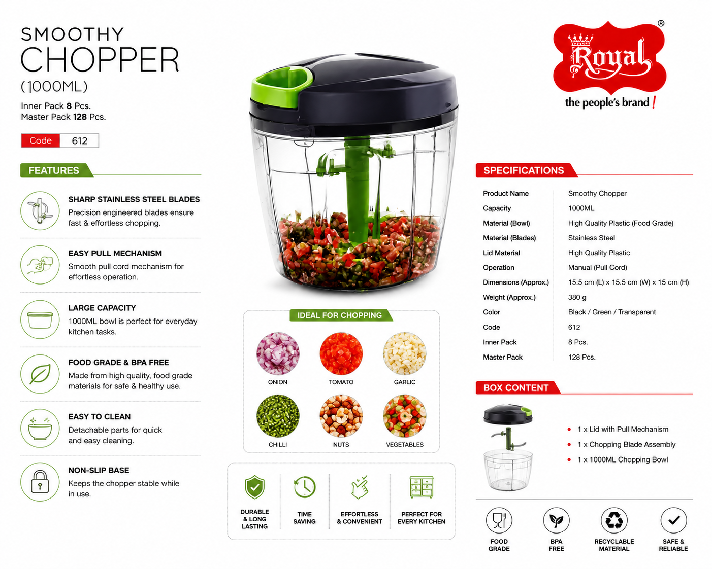 Royal Smoothy Chopper 1000ml Manual Vegetable Chopper with Pull Cord, Stainless Steel Blades, Food Grade BPA Free Kitchen Chopper for Onion, Tomato, Garlic, Chilli, Nuts & Vegetables