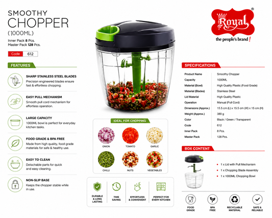 Royal Smoothy Chopper 1000ml Manual Vegetable Chopper with Pull Cord, Stainless Steel Blades, Food Grade BPA Free Kitchen Chopper for Onion, Tomato, Garlic, Chilli, Nuts & Vegetables