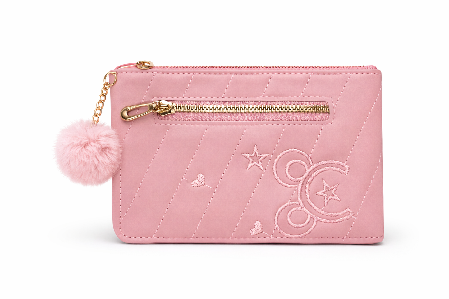 Pink Quilted Pouch for Women, Faux Leather Cosmetic Purse with Zipper Pocket, Pom Pom Charm