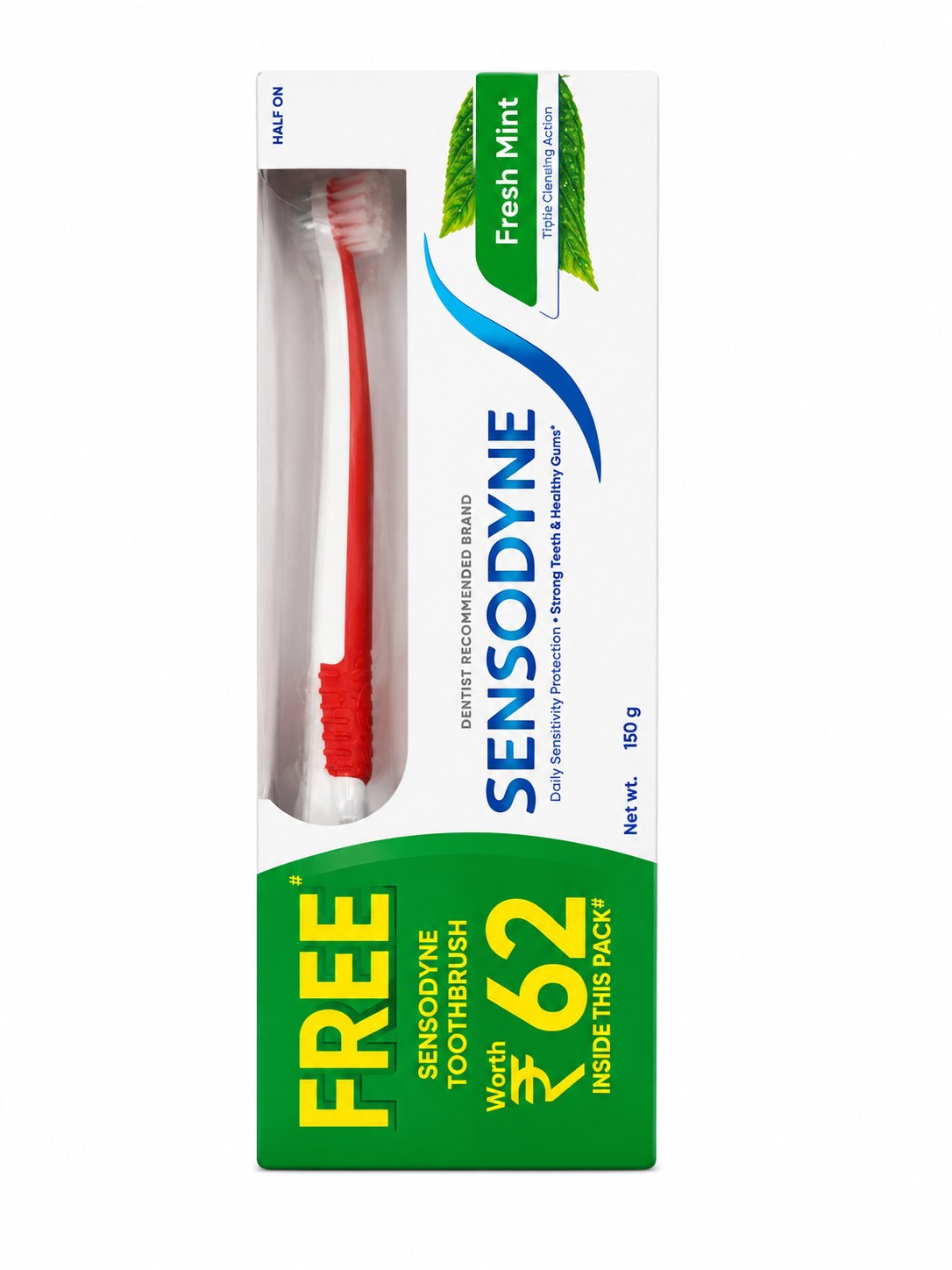 Sensodyne Fresh Mint Toothpaste 150g with Free Toothbrush | Daily Sensitivity Protection | Fresh Mint Flavour | Strong Teeth & Healthy Gums | Fluoride Toothpaste