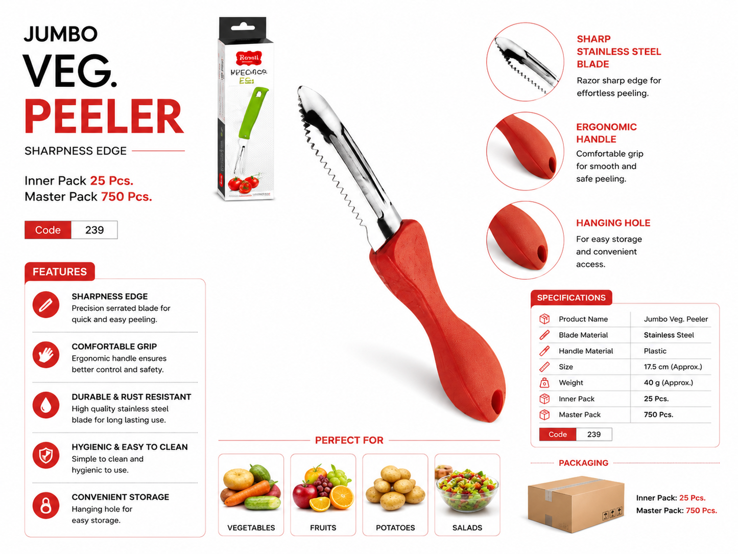 Royal Jumbo Vegetable Peeler, Stainless Steel Serrated Blade Fruit & Veg Peeler, Ergonomic Handle, Rust Resistant Kitchen Peeler for Potato, Carrot, Cucumber, Apple & Fruits, Red
