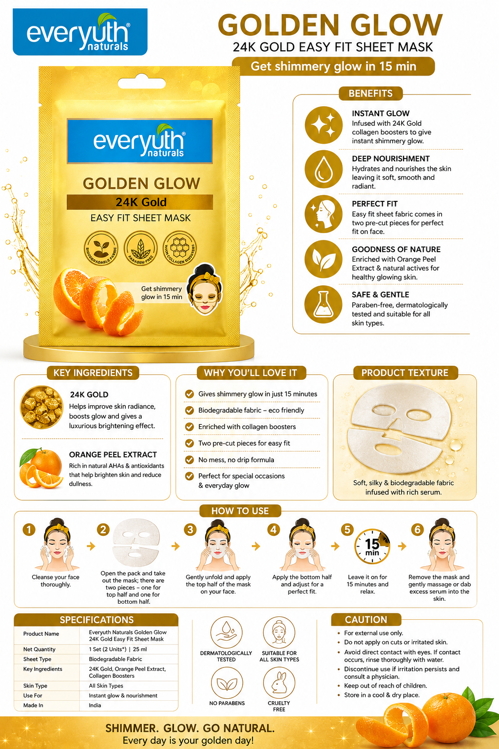 Everyuth Naturals Golden Glow 24K Gold Easy Fit Sheet Mask, 25ml, Biodegradable Sheet Mask with Orange Peel Extract & Collagen Boosters, Hydrating & Brightening Face Mask for All Skin Types