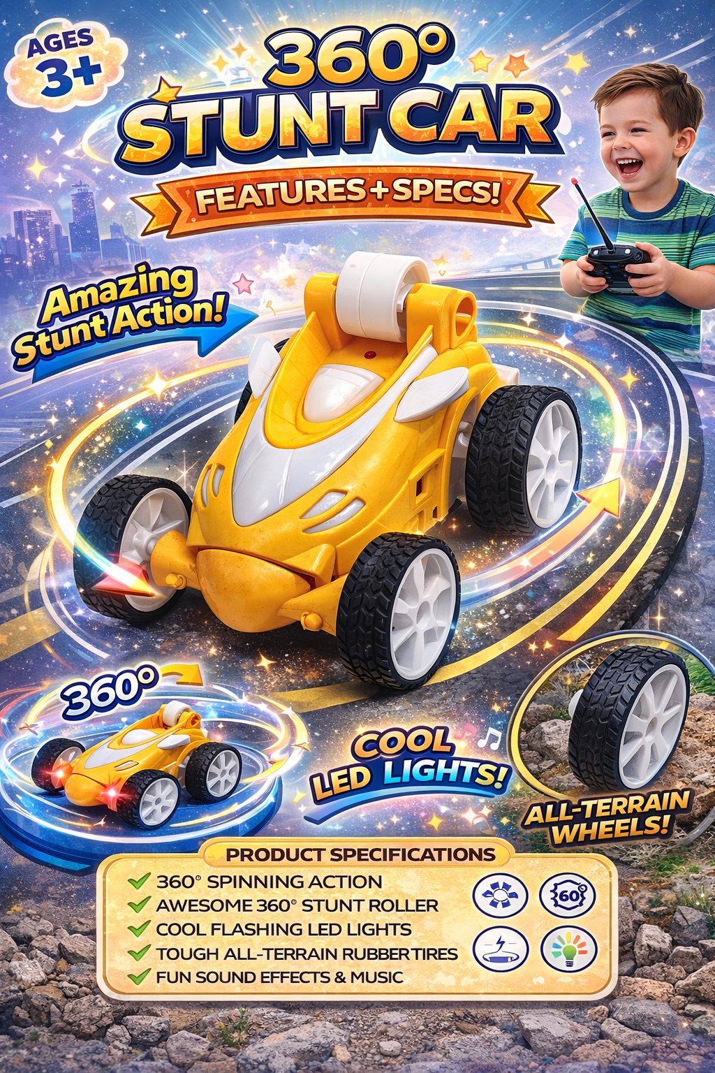 360° Stunt Remote Control Car for Kids – LED Light RC Car with All-Terrain Wheels, Double-Sided Flip & Spinning Action – Rechargeable Racing Toy for Boys & Girls (3+ Years)