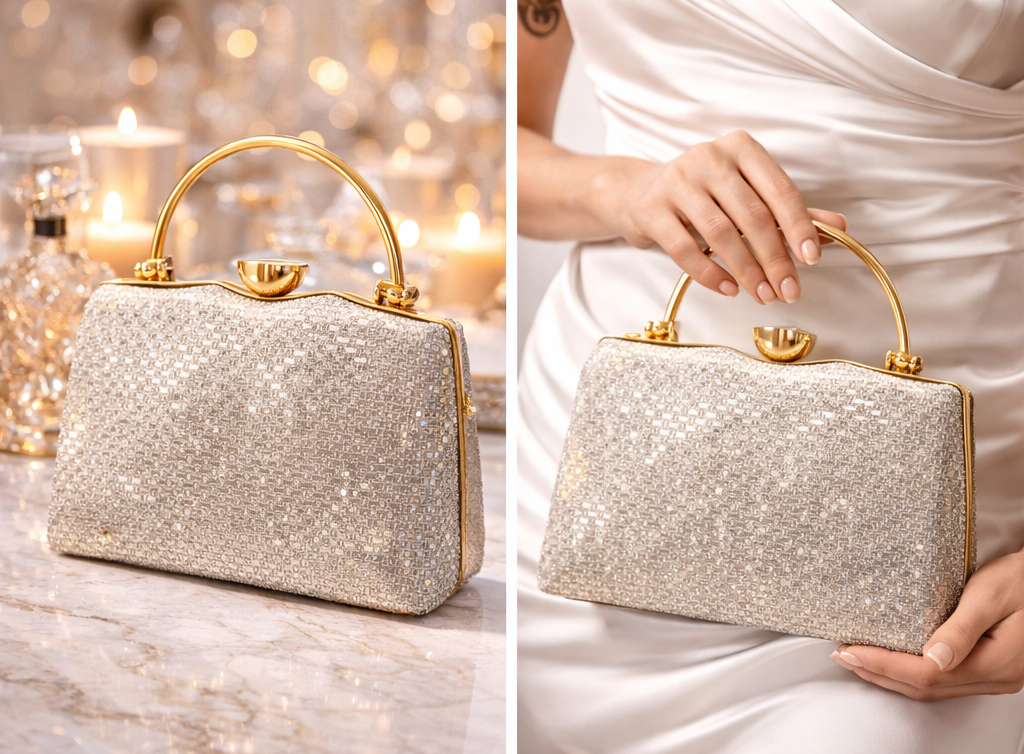 Luxury Gold Clutch Purse for Women | Premium Leather Evening Bag with Glitter Finish