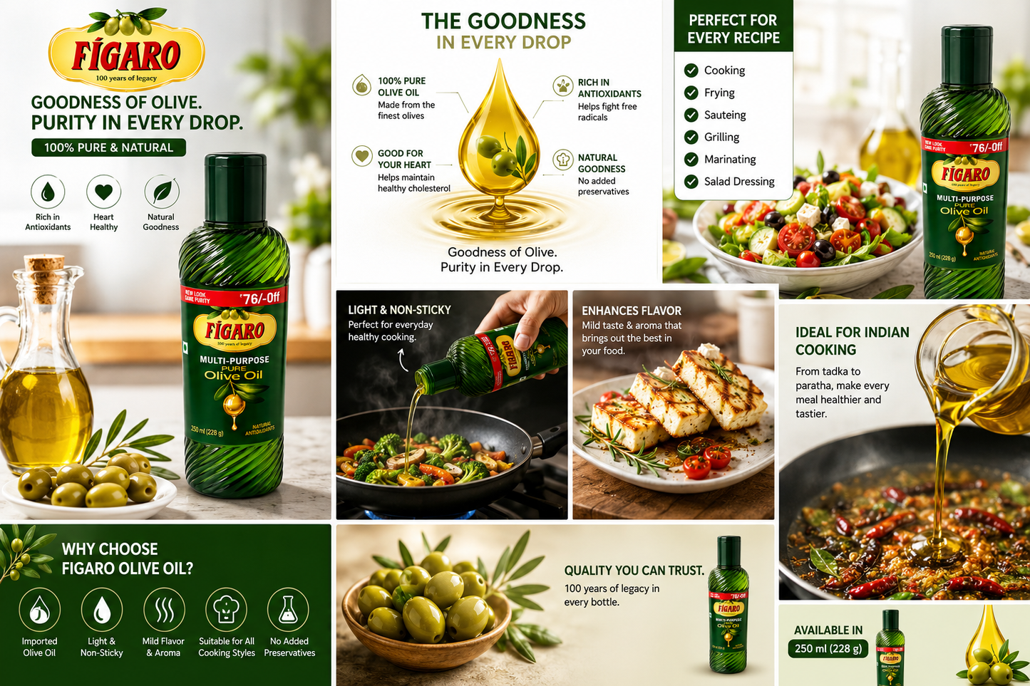 Figaro Multi-Purpose Pure Olive Oil 250ml | 100% Pure & Natural Olive Oil | For Cooking, Sautéing, Frying, Grilling, Salad Dressing & Marinades