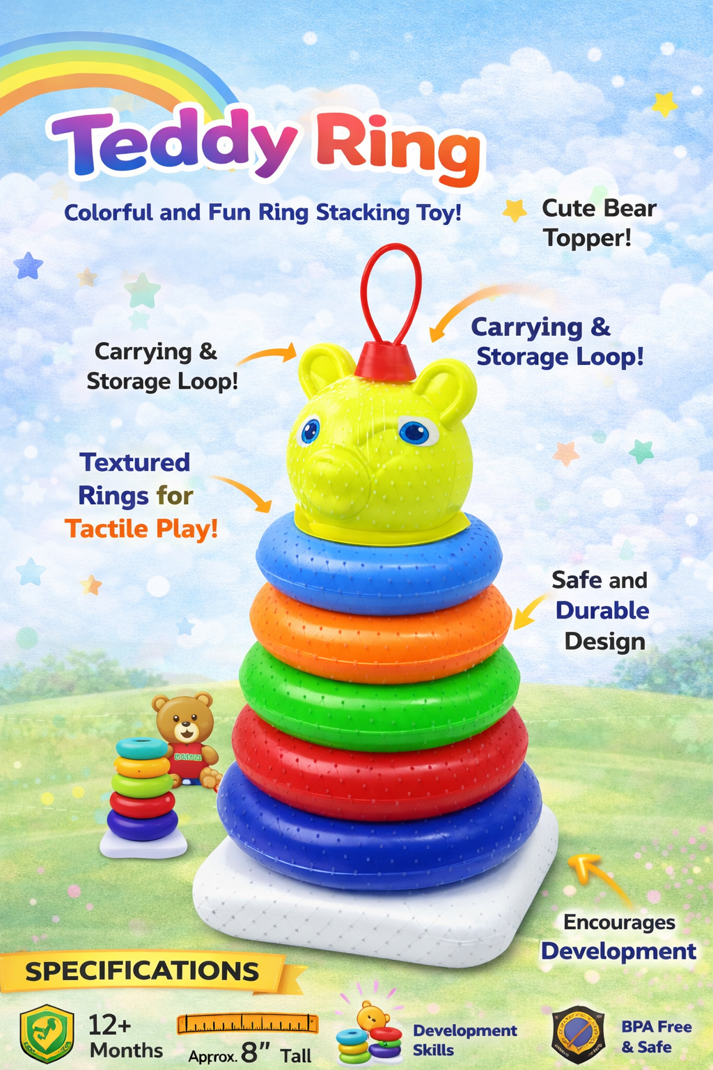 Teddy Ring Stacking Toy for Babies 12+ Months, Colorful Textured Stacking Rings with Bear Topper,