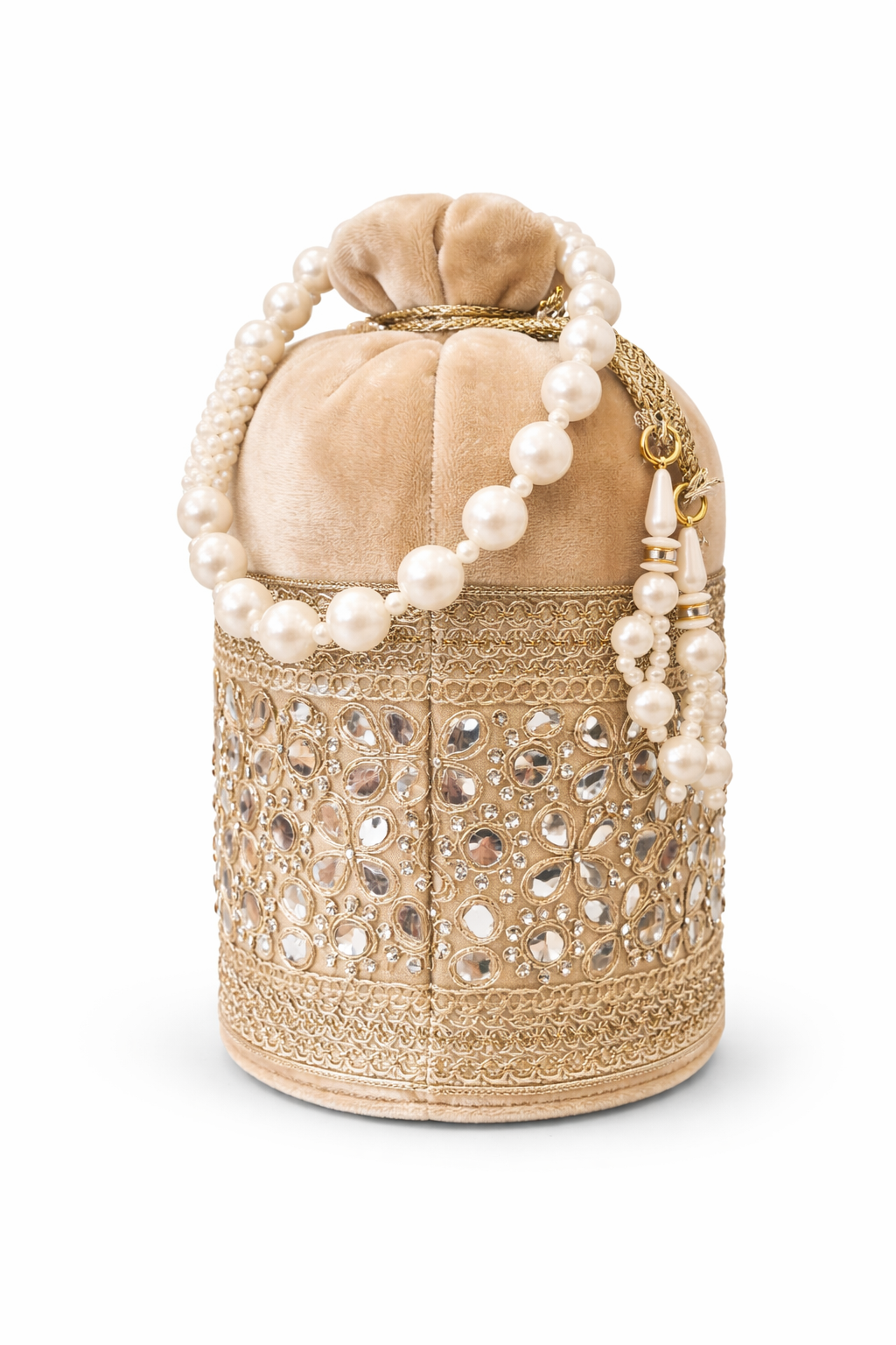 Amazon GEO / SEO Listing Content Product Title  Beige Velvet Potli Bag for Women, Embroidered Drawstring Ethnic Clutch Purse with Pearl Handle and Tassels
