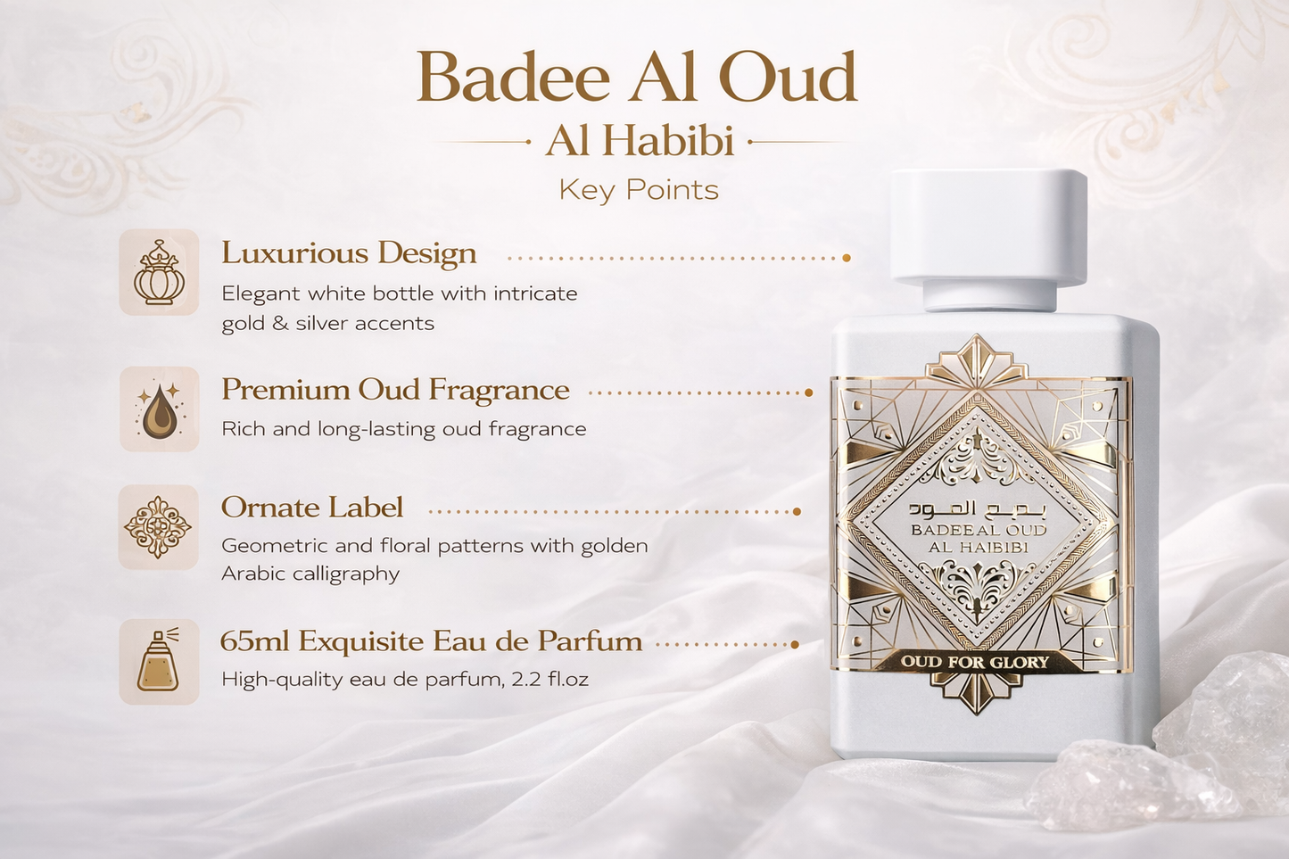 Badee Al Oud Al Habibi Eau De Parfum 65ml – Premium Oud Perfume | Long Lasting Arabic Fragrance | Luxury White Bottle Perfume for Men & Women