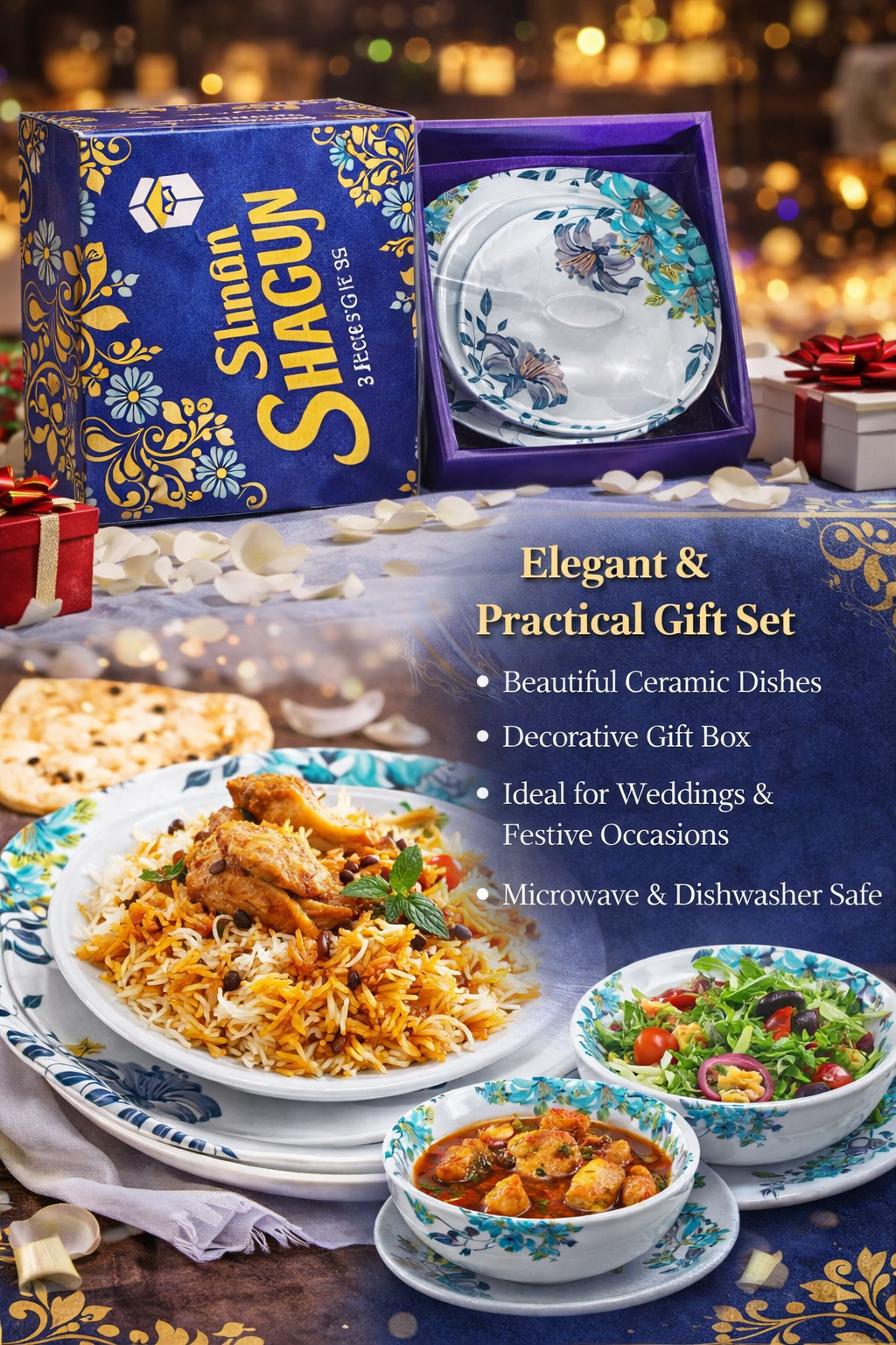 Ceramic Dinner Gift Set (3 Pieces) | Premium Printed Plate, Bowl & Lid Set