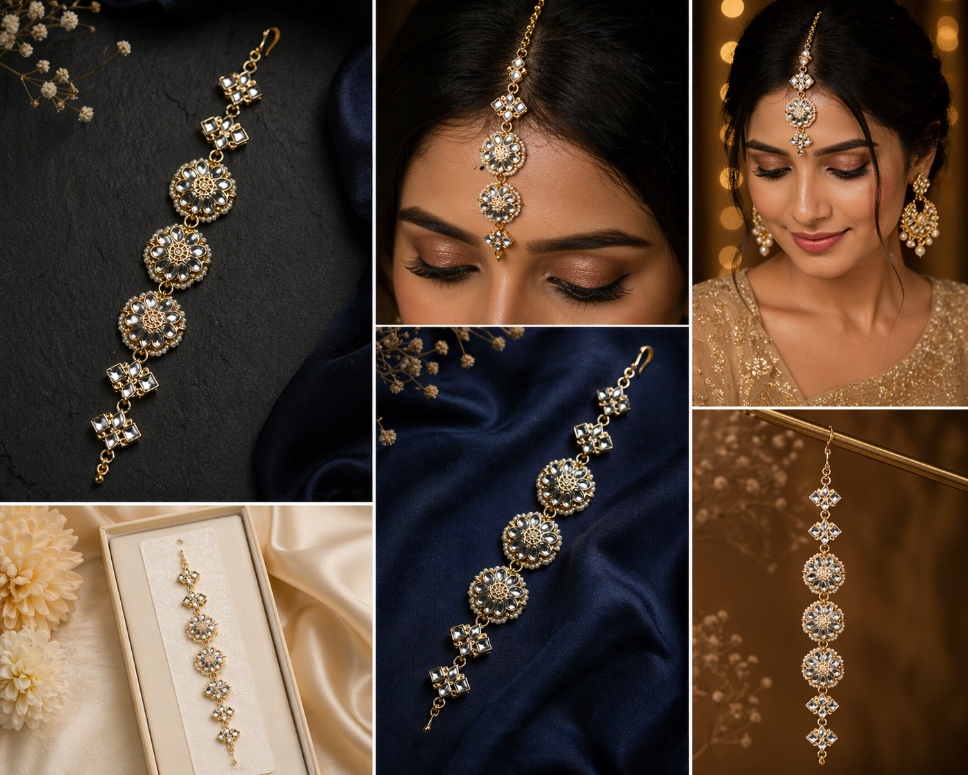 Traditional Kundan Style Hair Jewel Maang Tikka for Women – Gold-Plated Intricate Floral Indian Bridal Hair Accessory, Glass Stones Headpiece for Weddings, Festivals, and Ethnic Events