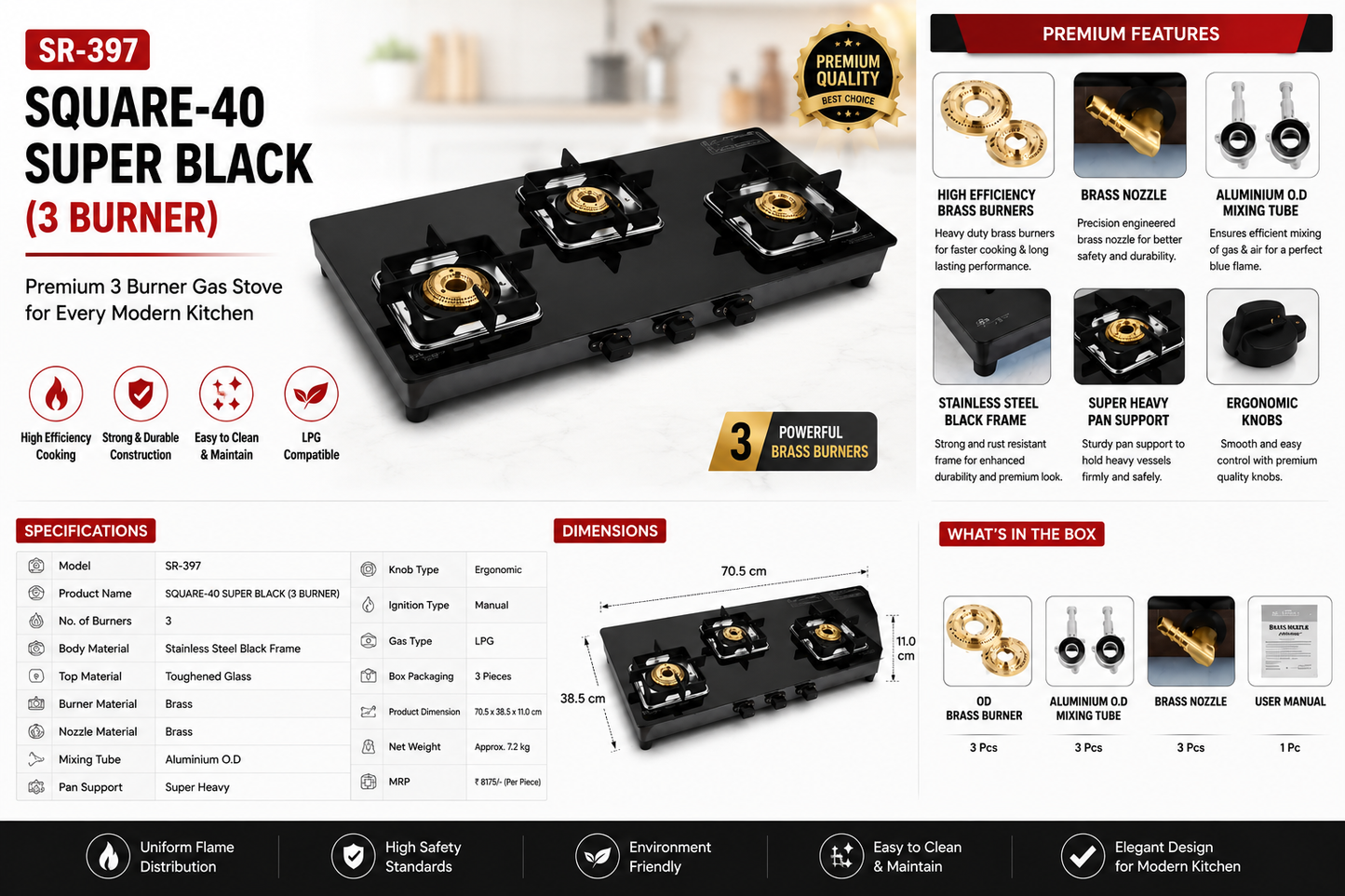 SR-397 Square-40 Super Black 3 Burner Gas Stove | Toughened Glass Top | Brass Burners | Stainless Steel Black Frame | Heavy Duty Pan Support | Manual Ignition LPG Gas Stove