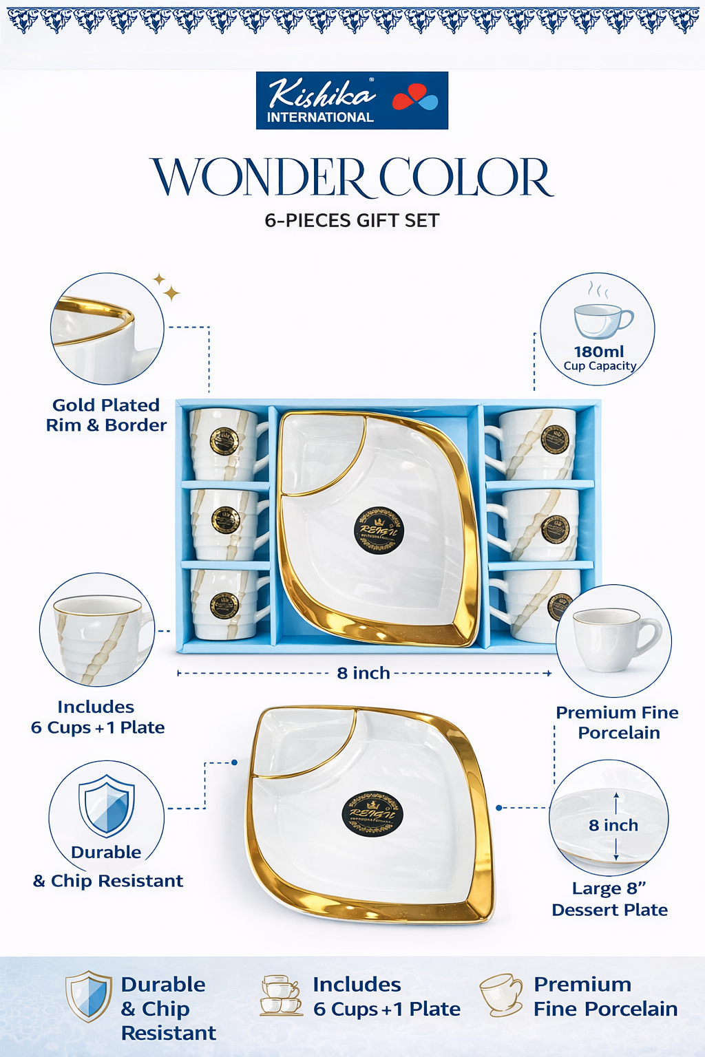 Premium Porcelain Tea Cup Set with Plate (7 Pieces) – 6 Coffee Cups (180 ml) + 8 Inch Dessert Plate | Gold Rim Luxury Tea Set | Gift Set for Home, Office & Festivals