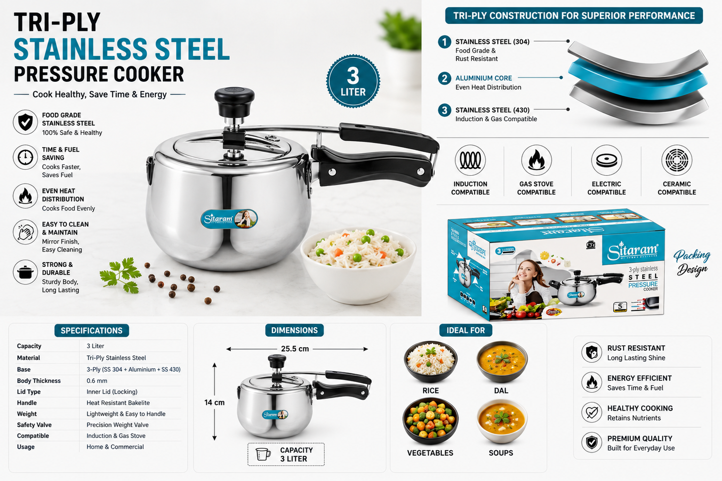 Sitaram Tri-Ply Stainless Steel Pressure Cooker 3 Liter | 304 Food Grade Stainless Steel | Induction & Gas Compatible | 3-Layer Base | Heavy Duty Cooker