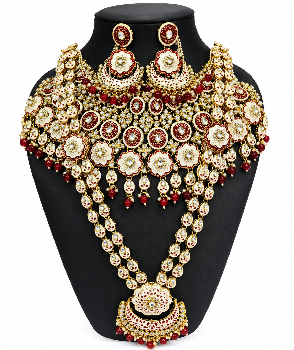 Royal Kundan Heritage Necklace Set for Women | Bridal Kundan Jewelry with Earrings | Traditional Indian Wedding Necklace Set with Pearl & Red Bead Work