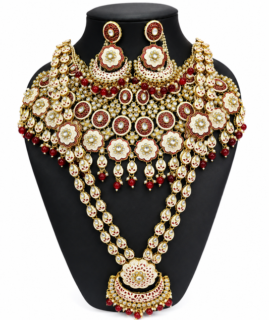 Royal Kundan Heritage Necklace Set for Women | Bridal Kundan Jewelry with Earrings | Traditional Indian Wedding Necklace Set with Pearl & Red Bead Work
