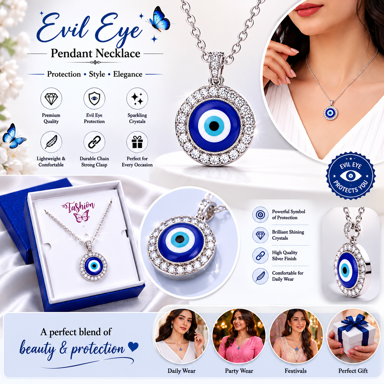 Evil Eye Pendant Necklace for Women | Crystal Studded Nazar Protection Necklace | Silver Plated Chain Pendant | Adjustable Chain | Fashion Jewelry Gift for Girls & Women
