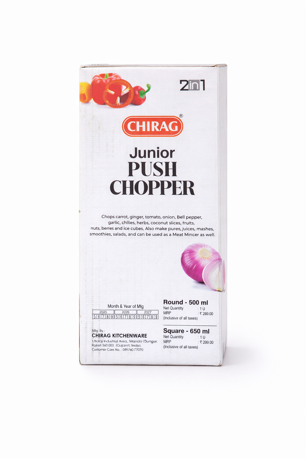 Chirag Junior Push Chopper 650ml | Manual Vegetable Chopper with Stainless Steel Blades | 2-in-1 Chopper & Whisker | Easy Push Operation | Kitchen Food Processor for Onion, Garlic & Vegetables