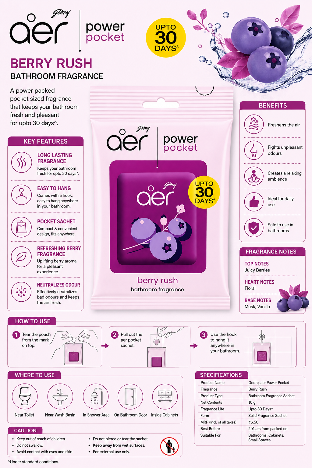 Godrej aer Power Pocket Berry Rush Bathroom Fragrance, Long Lasting Air Freshener for Bathroom, Toilet & Small Spaces, Pocket Sachet with Hook, Up to 30 Days Fragrance
