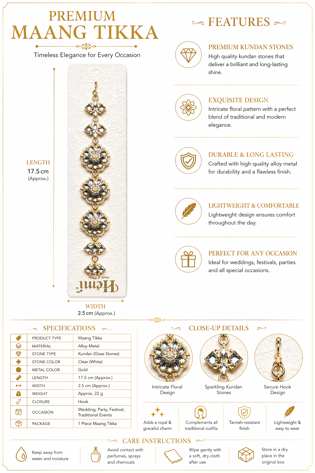 Traditional Kundan Style Hair Jewel Maang Tikka for Women – Gold-Plated Intricate Floral Indian Bridal Hair Accessory, Glass Stones Headpiece for Weddings, Festivals, and Ethnic Events