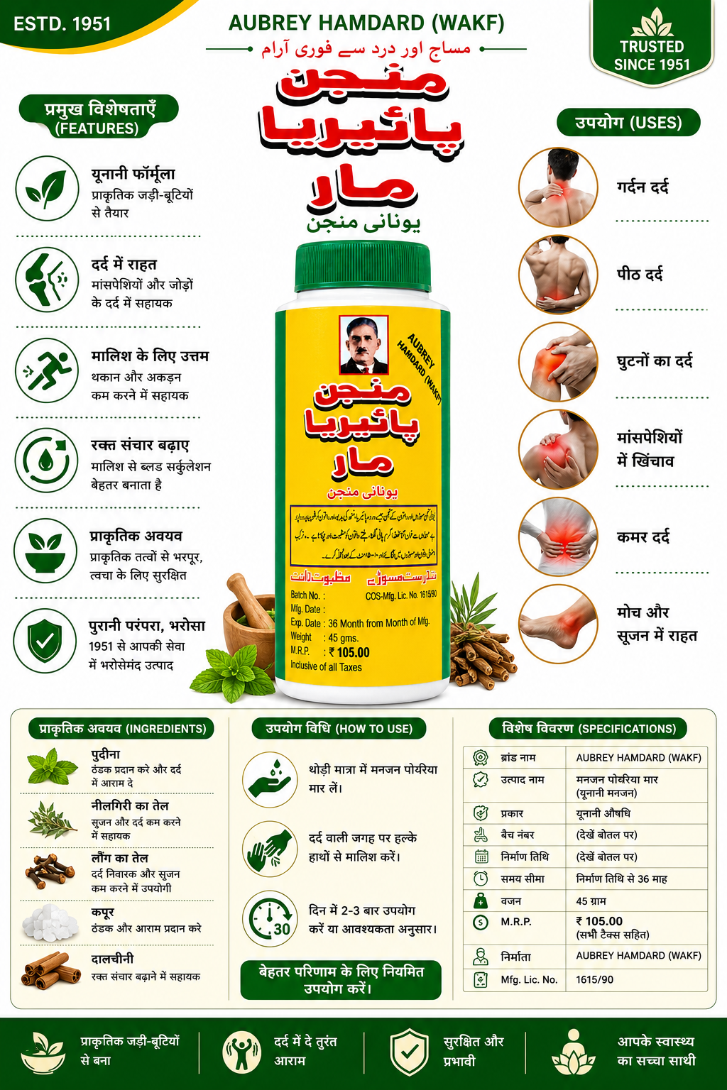 Aubrey Hamdard (Wakf) Manjan Pochriya Mar Unani Medicine, 45g | Traditional Unani Herbal Formulation | For Massage & Body Pain Comfort | With Peppermint, Eucalyptus Oil, Clove, Camphor & Dalchini