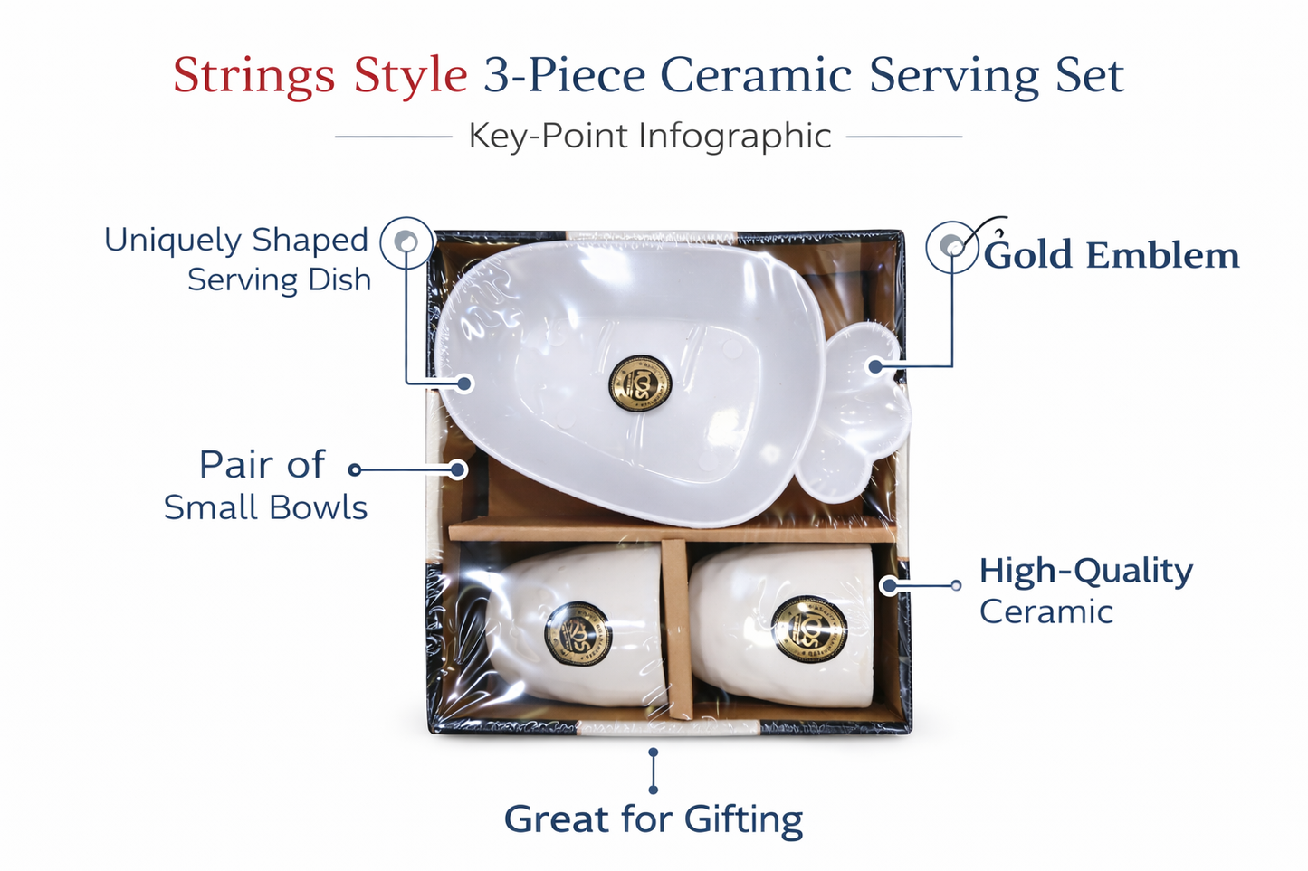 3-Piece Ceramic Serving Set with Bowls & Designer Serving Dish | Premium Snack Serving Set with Gold Emblem |