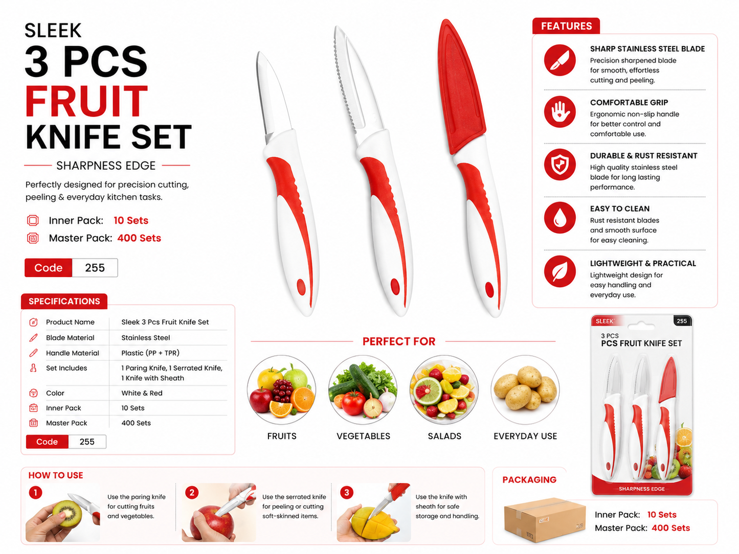 Sleek 3 Pcs Fruit Knife Set with Sheath, Stainless Steel Paring Knife & Serrated Knife Set, Multipurpose Kitchen Knives for Fruits, Vegetables & Salad, Ergonomic Grip Handle, White & Red
