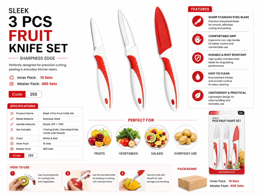 Sleek 3 Pcs Fruit Knife Set with Sheath, Stainless Steel Paring Knife & Serrated Knife Set, Multipurpose Kitchen Knives for Fruits, Vegetables & Salad, Ergonomic Grip Handle, White & Red