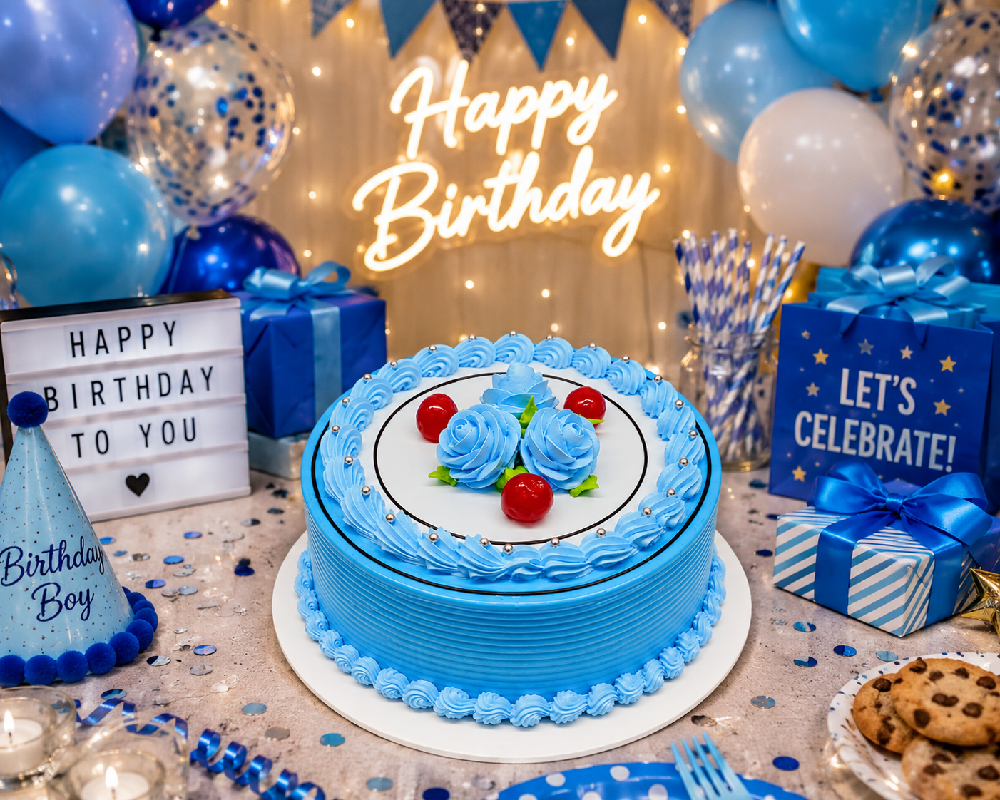 Premium Blue Rose Birthday Cake 1 Kg | Designer Buttercream Celebration Cake | Chocolate Drip Cake | Custom Round Cake for Birthday & Anniversary | Personalized Cake
