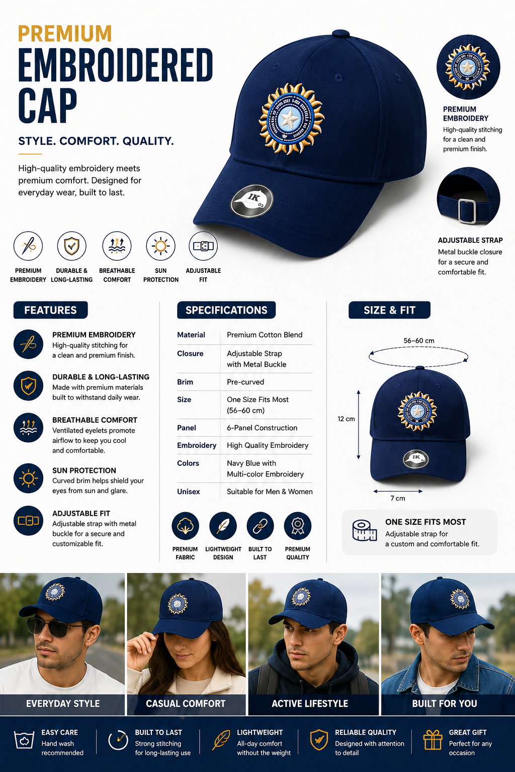 Premium Embroidered Baseball Cap for Men & Women 1 PEACE | Adjustable Cotton Sports Cap | Navy Blue Embroidered Hat with Curved Brim