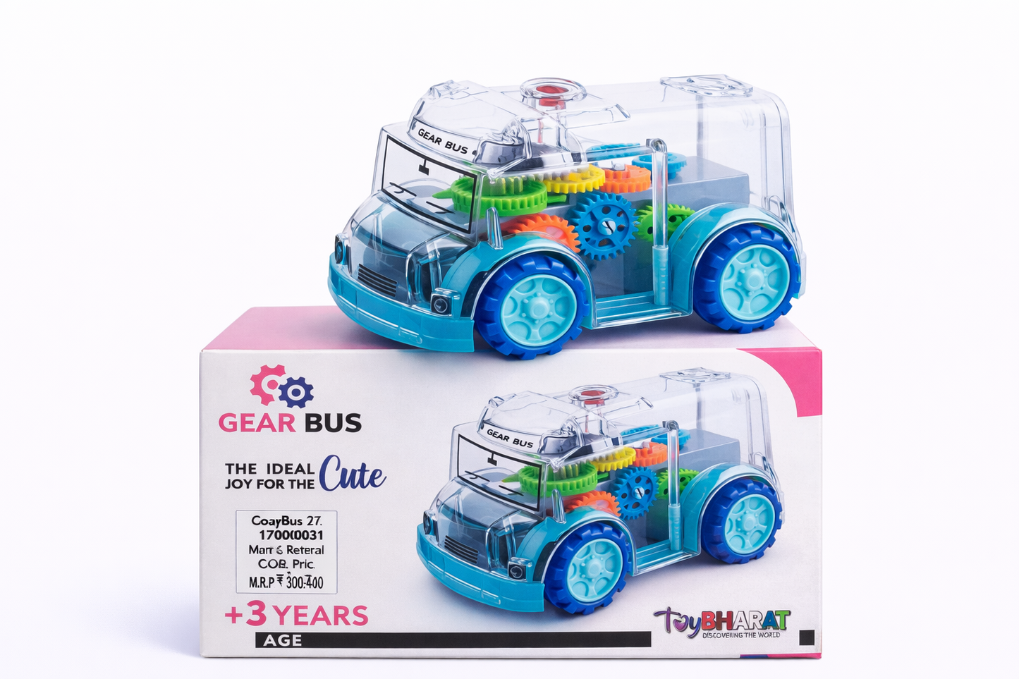 Gear Bus Toy for Kids (3+ Years) – Transparent Bump & Go Car with Moving Gears, Flashing Lights & Music, Battery Operated Educational Toy