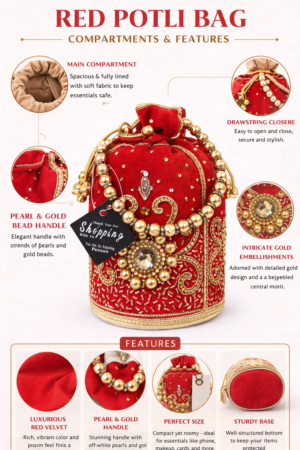 Red Velvet Potli Bag for Women, Embroidered Drawstring Clutch Purse with Pearl and Gold Bead Handle,