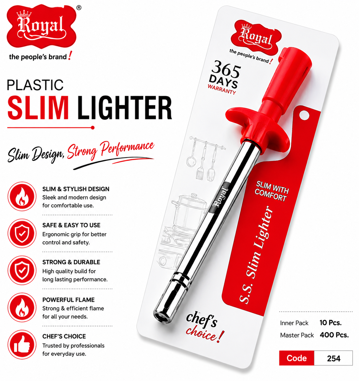 Royal Plastic Slim Gas Lighter for Kitchen, Stainless Steel Slim Gas Stove Lighter with Ergonomic Grip, Manual Spark Igniter, Reusable Kitchen Lighter for Gas Stove, BBQ & Candle, Red