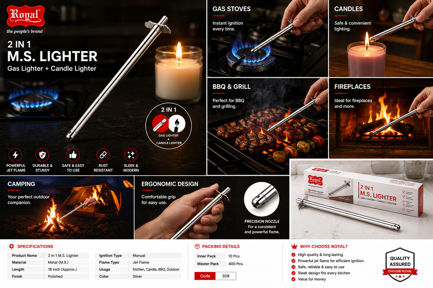 Royal Bhathi Gas Lighter 18 Inch, 2 in 1 M.S. Gas & Candle Lighter, Long Handle Stainless Steel Kitchen Lighter, Jet Flame Manual Igniter for Gas Stove, BBQ, Fireplace & Camping
