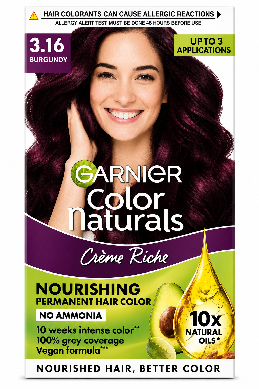 Garnier Color Naturals Crème Riche 3.16 Burgundy | Permanent Hair Color | 100% Grey Coverage | Ammonia-Free Formula with Natural Oils | Nourishing Hair Colour
