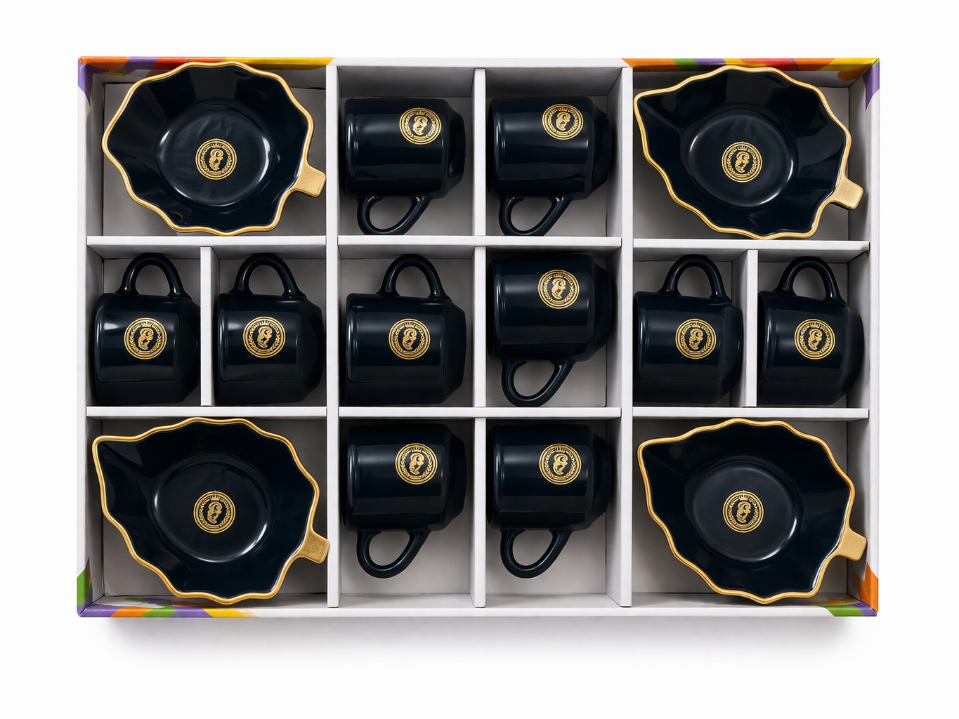 12-Piece Ceramic Cup & Platter Gift Set | 8 Coffee Cups + 4 Scalloped Serving Platters | Black & Gold Premium Design