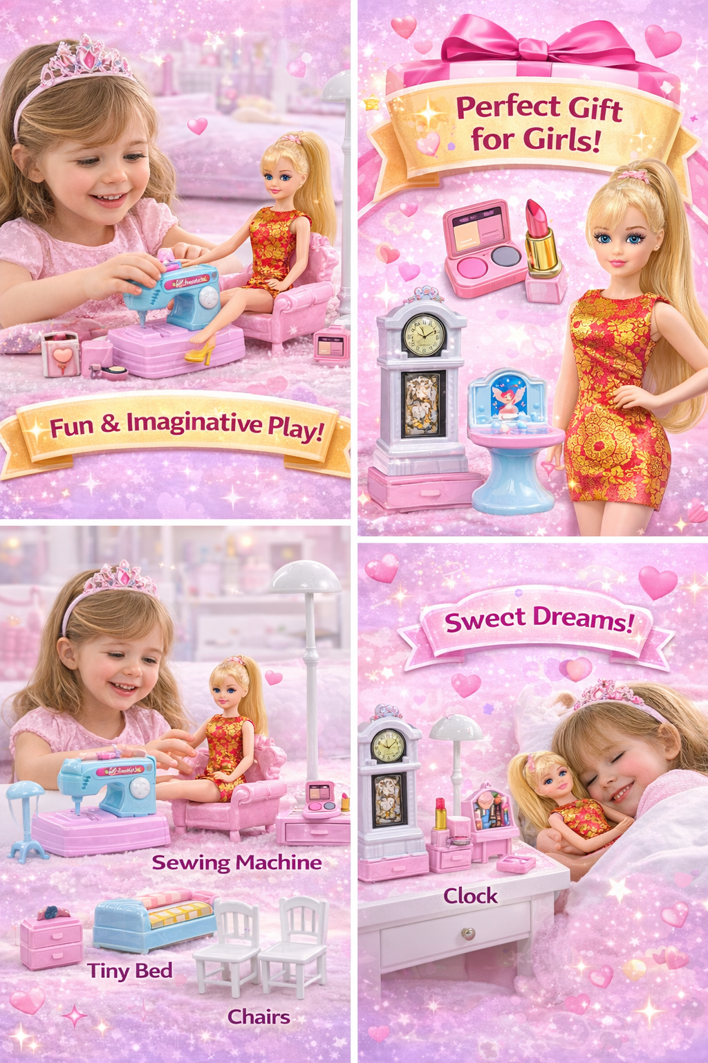 Funny Style Series 10-Piece Fashion Doll Play Set for Girls Ages 3+ | Includes Stylish Doll, Sewing Machine, & Dollhouse Furniture