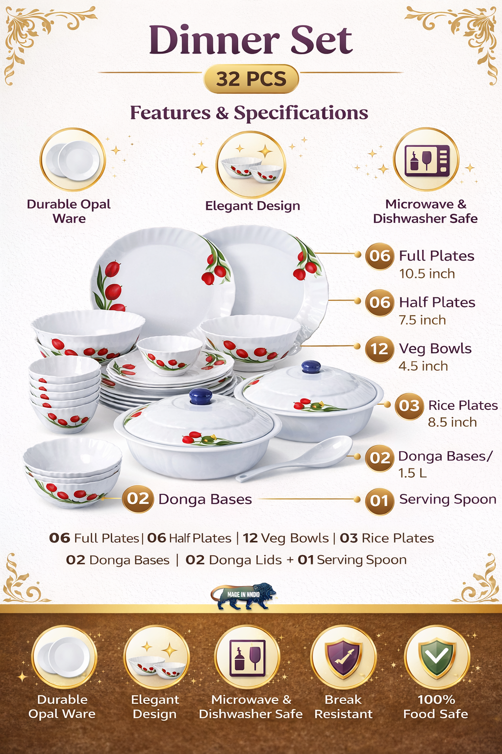 32-Piece Opal Dinner Set for 6 | Full Plates, Half Plates, Veg Bowls, Rice Plates, Donga with Lid & Serving Spoon