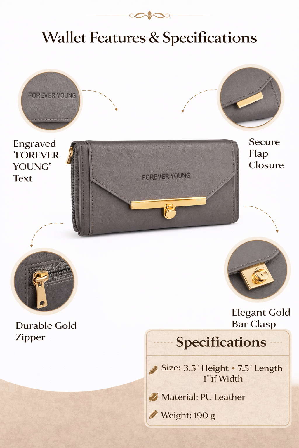 महिलाओं के लिए ग्रे PU लेदर का बटुआ जिसमें गोल्ड बार clasp, फ्लैप क्लोजर और ज़िपर पॉकेट है