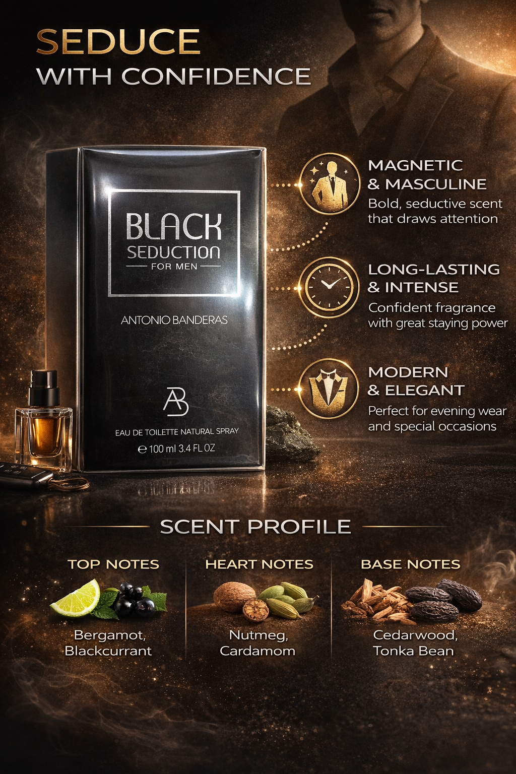 Antonio Banderas Black Seduction Eau De Toilette for Men 100ml – Long Lasting Woody Spicy Fragrance | Elegant Evening Perfume | Masculine Signature Scent