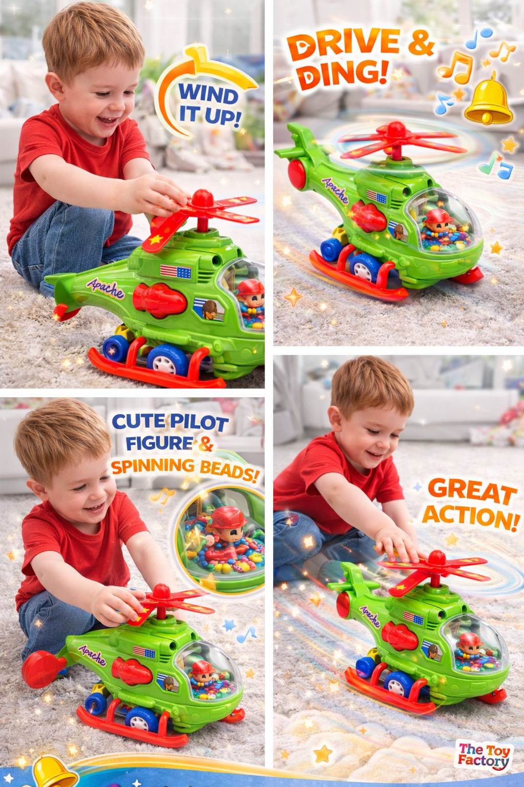 Apache Wind-Up Helicopter Toy for Kids | Rotating Blades Helicopter with Bell Sound | Mechanical Wind-Up Action Toy (3+ Years)