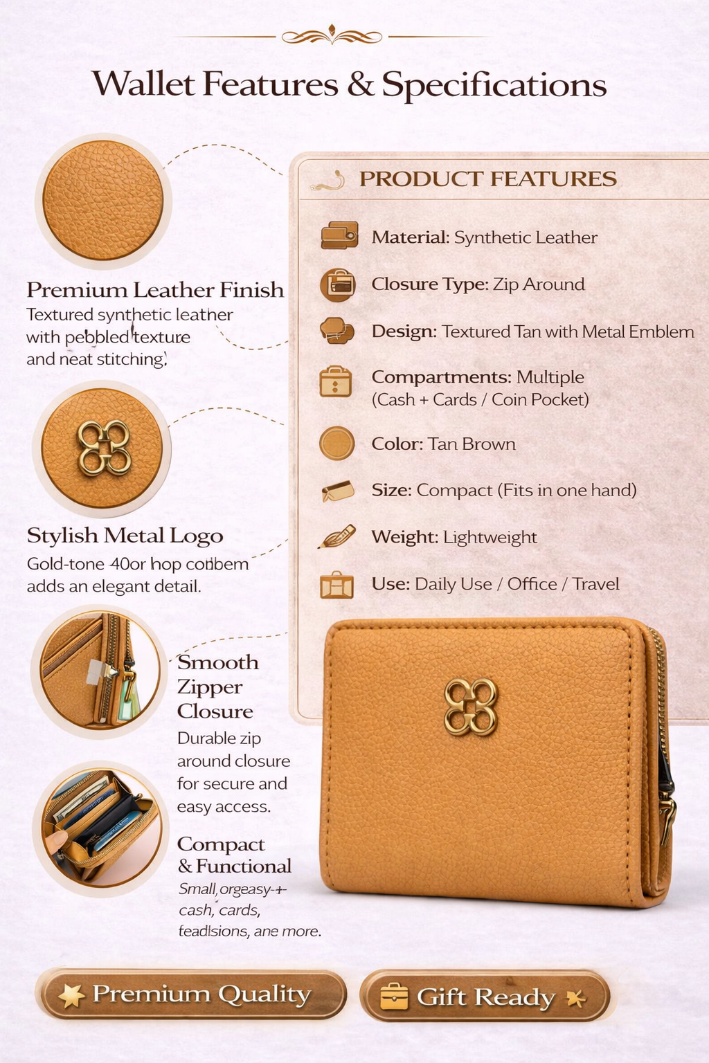 Compact Zip Around Wallet for Women, Small Synthetic Leather Wallet with Card Slots and Coin Pocket,