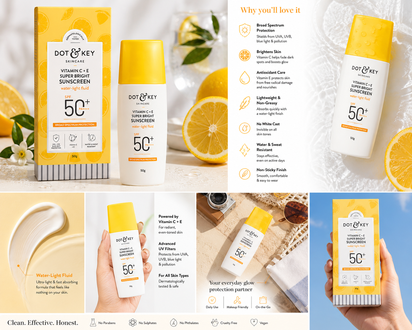 Dot & Key Vitamin C + E Super Bright Sunscreen SPF 50+ PA++++ | Water-Light Fluid Sunscreen | Broad Spectrum UVA/UVB Protection | No White Cast | Lightweight & Non-Sticky | 50g