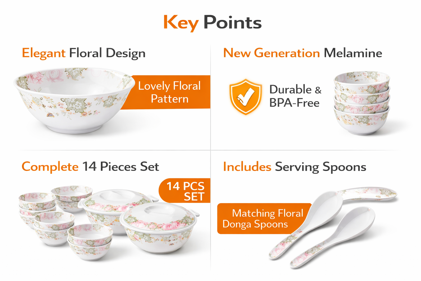 14-Piece Melamine Bowl Set with Lids & Serving Spoons | Floral Design Serving Bowls Set